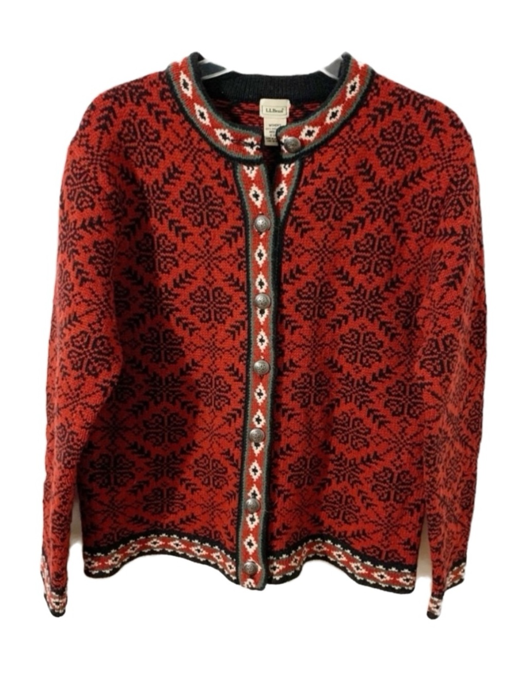 Vintage LLBean Merino Wool Snowflake Nordic Cardigan Sweater Etched Metal Button